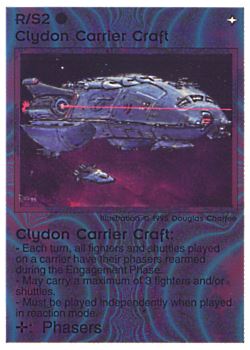 Need: 0    Want: 0    Have: 11 (+132)    Will Trade: 7    In Storage: 6              R/S2 ‑ Clydon Carrier Craft  Set: NE  Rarity: R1    Artist: Douglas Chaffee    