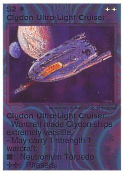 Need: 0    Want: 0    Have: 22 (+141)    Will Trade: 18    In Storage: 17              S2 ‑ Clydon Ultra‑Light Cruiser  Set: NE  Rarity: U1    Artist: Douglas Chaffee    