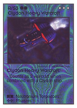 Need: 4    Want: 4    Have: 1    Will Trade: 0    In Storage: 0              R/S3 ‑ Clydon Heavy Warcraft  Set: Per  Rarity: V1    Artist: Michael Trapp    