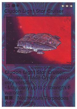 Need: 0    Want: 0    Have: 23 (+97)    Will Trade: 19    In Storage: 18              S3 ‑ Clydon Light Star Cruiser  Set: NE  Rarity: U1    Artist: Douglas Chaffee    