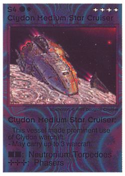 Need: 0    Want: 0    Have: 13 (+44)    Will Trade: 9    In Storage: 8              S4 ‑ Clydon Medium Star Cruiser  Set: NE  Rarity: R1    Artist: Douglas Chaffee    