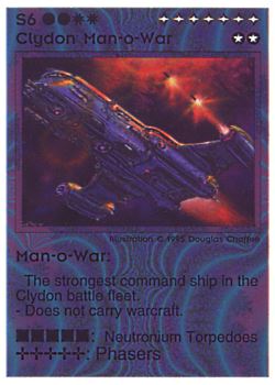 Need: 0    Want: 0    Have: 12 (+47)    Will Trade: 9    In Storage: 8              S6 ‑ Clydon Man‑o‑War ‑ Man‑o‑War  Set: NE  Rarity: V1    Artist: Douglas Chaffee    