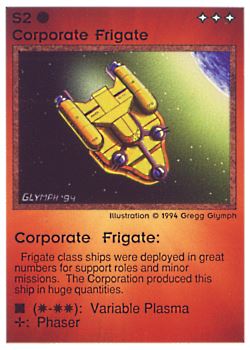 Need: 0    Want: 0    Have: 22 (+152)    Will Trade: 18    In Storage: 17              S2 ‑ Corporate Frigate  Set: PE  Rarity: C2    Artist: Gregg Glymph    