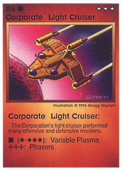 Need: 0    Want: 0    Have: 31 (+99)    Will Trade: 27    In Storage: 26              S4 ‑ Corporate Light Cruiser  Set: PE  Rarity: C2    Artist: Gregg Glymph    