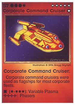 Need: 0    Want: 0    Have: 30 (+60)    Will Trade: 27    In Storage: 24              S7 ‑ Corporate Command Cruiser  Set: PE  Rarity: R1    Artist: Gregg Glymph    