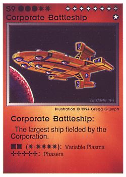 Need: 0    Want: 1    Have: 4 (+39)    Will Trade: 0    In Storage: 1              S9 ‑ Corporate Battleship  Set: PE  Rarity: V1    Artist: Gregg Glymph    