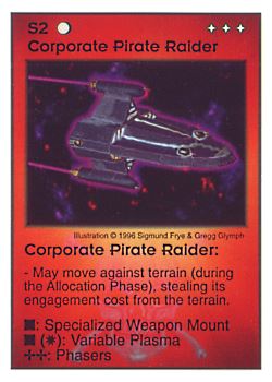 Need: 0    Want: 0    Have: 34    Will Trade: 26    In Storage: 25              S2 ‑ Corporate Pirate Raider  Set: Pir  Rarity: U1    Artist: Sigmund Frye & Gregg Glymph    