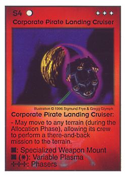 Need: 0    Want: 0    Have: 33    Will Trade: 25    In Storage: 24              S4 ‑ Corporate Pirate Landing Cruiser  Set: Pir  Rarity: U1    Artist: Sigmund Frye & Gregg Glymph    