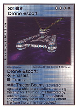 Need: 0    Want: 0    Have: -1    Will Trade: 0    In Storage: 0              S2 ‑ Drone Escort  Set: Pro8  Rarity: Pro8    Artist: George T. Henne Jr.    