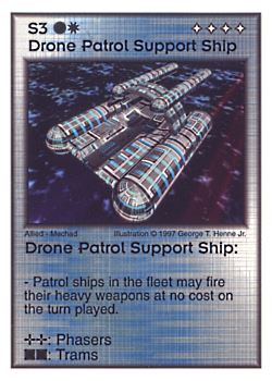 Need: 0    Want: 5    Have: 8    Will Trade: 0    In Storage: 0              S3 ‑ Drone Patrol Support Ship  Set: AF  Rarity: R2    Artist: George T. Henne Jr.    