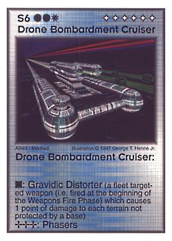 Need: 1    Want: 9    Have: 3    Will Trade: 0    In Storage: 0              S6 ‑ Drone Bombardment Cruiser  Set: AF  Rarity: V2    Artist: George T. Henne Jr.    