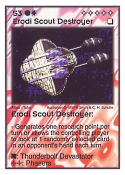 Need: 0    Want: 5    Have: 8    Will Trade: 0    In Storage: 0              S3 ‑ Erodi Scout Destroyer  Set: AF  Rarity: R2    Artist: Andrew Smith & C. Henry Schulte    