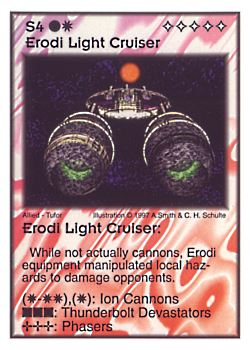 Need: 0    Want: 6    Have: 7    Will Trade: 0    In Storage: 0              S4 ‑ Erodi Light Cruiser  Set: AF  Rarity: V2    Artist: Andrew Smith & C. Henry Schulte    