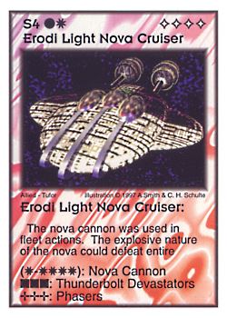 Need: 0 Want: 8 Have: 5 Will Trade: 0 In Storage: 0 S4 ‑ Erodi Light Nova Cruiser Set: AF Rarity: V2 Artist: Andrew Smith & C. Henry Schulte Need: 0 Want: 8 Have: 5 Will Trade: 0 In Storage: 0 S4 ‑ Erodi Light Nova Cruiser Set: AF Rarity: V2 Artist: Andrew Smith & C. Henry Schulte
