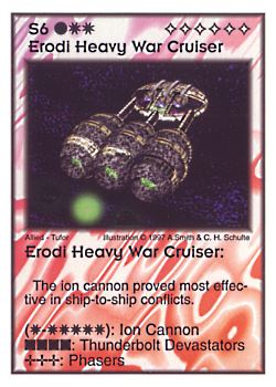 Need: 1    Want: 9    Have: 3    Will Trade: 0    In Storage: 0              S6 ‑ Erodi Heavy War Cruiser  Set: AF  Rarity: V2    Artist: Andrew Smith & C. Henry Schulte    