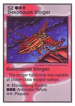 Need: 0    Want: 8    Have: 5    Will Trade: 0    In Storage: 0              S2 ‑ Gekonauak Stinger  Set: GI  Rarity: U2    Artist: Robert A. Kraus    