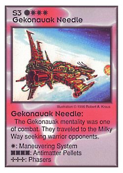 Need: 1    Want: 8    Have: 4    Will Trade: 0    In Storage: 0              S3 ‑ Gekonauak Needle  Set: GI  Rarity: R2    Artist: Robert A. Kraus    