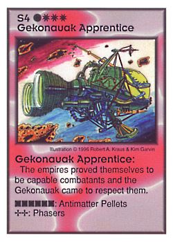 Need: 1    Want: 8    Have: 4    Will Trade: 0    In Storage: 0              S4 ‑ Gekonauak Apprentice  Set: GI  Rarity: R2    Artist: Robert A. Kraus & Kim Garvin    