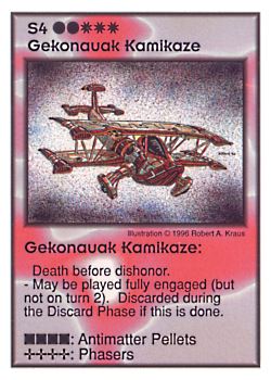 Need: 2    Want: 8    Have: 3    Will Trade: 0    In Storage: 0              S4 ‑ Gekonauak Kamikaze  Set: GI  Rarity: U1    Artist: Robert A. Kraus    