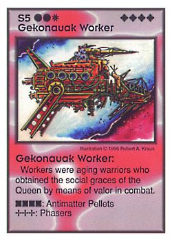 Need: 3    Want: 8    Have: 2    Will Trade: 0    In Storage: 0              S5 ‑ Gekonauak Worker  Set: GI  Rarity: V2    Artist: Robert A. Kraus    