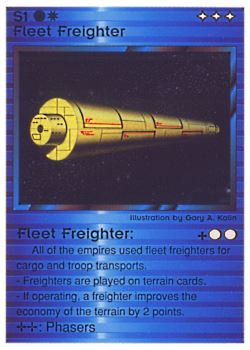 Need: 0    Want: 0    Have: 11 (+320)    Will Trade: 7    In Storage: 4              S1 ‑ Fleet Freighter (Left)  Set: PE  Rarity: C1    Artist: Gary A. Kalin    