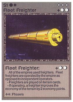 Need: 0    Want: 0    Have: 35 (+296)    Will Trade: 31    In Storage: 28              S1 ‑ Fleet Freighter (Right)  Set: BE  Rarity: C1    Artist: Gary A. Kalin    