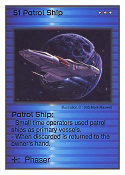 Need: 0    Want: 3    Have: 10    Will Trade: 0    In Storage: 0              S1 ‑ Patrol Ship  Set: AT  Rarity: U1    Artist: Mark Maxwell    