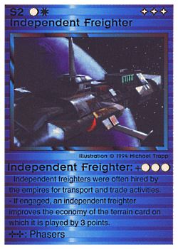 Need: 0    Want: 0    Have: 4 (+287)    Will Trade: 0    In Storage: 2              S2 ‑ Independent Freighter (1st Print)  Set: PE  Rarity: U2    Artist: Michael Trapp    