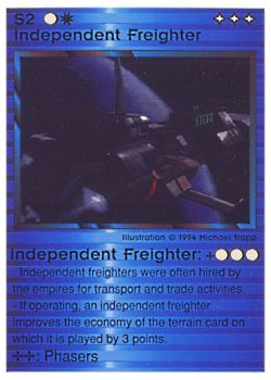 Need: 0    Want: 0    Have: 61 (+230)    Will Trade: 57    In Storage: 46              S2 ‑ Independent Freighter (2nd Print)  Set: PE  Rarity: U1    Artist: Michael Trapp    