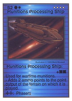 Need: 0    Want: 2    Have: 11    Will Trade: 0    In Storage: 0              S2 ‑ Munition Processing Ship  Set: AT  Rarity: U1    Artist: Mark Maxwell    