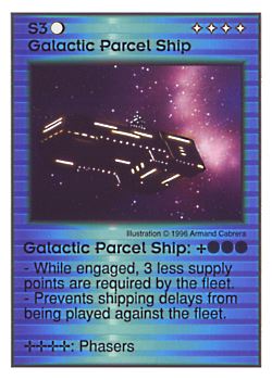 Need: 0    Want: 2    Have: 11    Will Trade: 0    In Storage: 1              S3 ‑ Galactic Parcel Ship  Set: Per  Rarity: U1    Artist: Armand Cabrera    