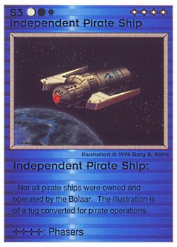 Need: 0    Want: 0    Have: 23 (+59)    Will Trade: 19    In Storage: 15              S3 ‑ Independent Pirate Ship  Set: PE  Rarity: U1    Artist: Gary A. Kalin    