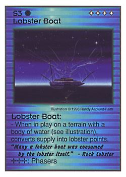 Need: 0    Want: 0    Have: 14    Will Trade: 6    In Storage: 1              S3 ‑ Lobster Boat ("Many a lobster boat…)  Set: CC  Rarity: U    Artist: Randy Asplund‑Faith    