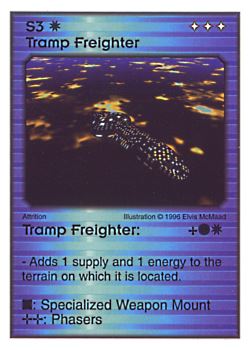 Need: 0    Want: 6    Have: 7    Will Trade: 0    In Storage: 0              S3 ‑ Tramp Freighter  Set: AF  Rarity: R1    Artist: Elvis McMaad    