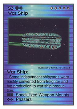 Need: 3    Want: 8    Have: 2    Will Trade: 0    In Storage: 0              S3 ‑ War Ship  Set: AF  Rarity: V1    Artist: Elvis McMaad    