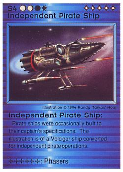 Need: 0    Want: 0    Have: 39 (+105)    Will Trade: 35    In Storage: 32              S4 ‑ Independent Pirate Ship  Set: PE  Rarity: R1    Artist: Randy 'Tarkas' Hoar    