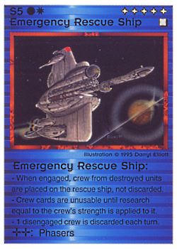 Need: 0    Want: 0    Have: 12 (+102)    Will Trade: 8    In Storage: 5              S5 ‑ Emergency Rescue Ship  Set: NE  Rarity: R1    Artist: Darryl Elliott*    