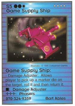 Need: 1    Want: 0    Have: 0    Will Trade: 0    In Storage: 0              S5 ‑ Game Supply Ship (Bart Abels 1/2)  Set: Pro2  Rarity: Pro2    Artist: Companion Games    