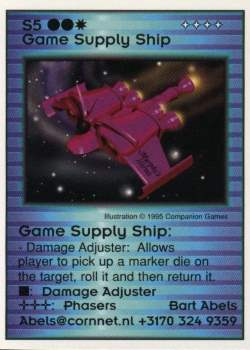Need: 1    Want: 0    Have: 0    Will Trade: 0    In Storage: 0              S5 ‑ Game Supply Ship (Bart Abels 2/2)  Set: Pro3  Rarity: Pro3    Artist: Companion Games    