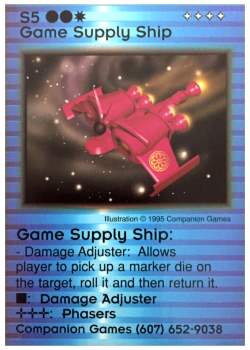 Need: 1    Want: 0    Have: 0    Will Trade: 0    In Storage: 0              S5 ‑ Game Supply Ship (Companion Games)  Set: Pro1  Rarity: Pro1    Artist: Companion Games    