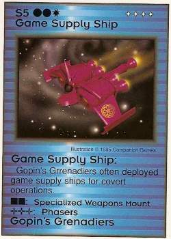 Need: 1    Want: 0    Have: 0    Will Trade: 0    In Storage: 0              S5 ‑ Game Supply Ship (Gopin's Grenadiers)  Set: Pro2  Rarity: Pro2    Artist: Companion Games    