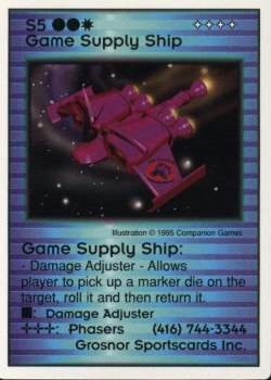 Need: 1    Want: 0    Have: 0    Will Trade: 0    In Storage: 0              S5 ‑ Game Supply Ship (Grosnor Sportscards Inc. 1/2)  Set: Pro3  Rarity: Pro3    Artist: Companion Games    
