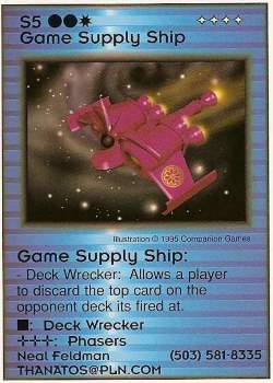 Need: 1    Want: 0    Have: 0    Will Trade: 0    In Storage: 0              S5 ‑ Game Supply Ship (Neal Feldman)  Set: Pro2  Rarity: Pro2    Artist: Companion Games    