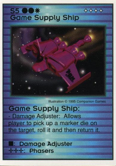 Need: 1    Want: 0    Have: 0    Will Trade: 0    In Storage: 0              S5 ‑ Game Supply Ship (PBM Express 1/2)  Set: Pro3  Rarity: Pro3    Artist: Companion Games    