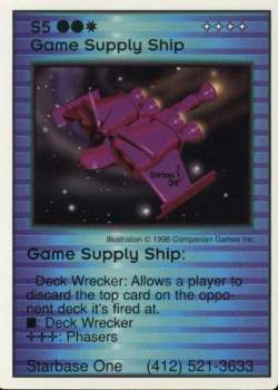 Need: 1    Want: 0    Have: 0    Will Trade: 0    In Storage: 0              S5 ‑ Game Supply Ship (Starbase One)  Set: Pro5  Rarity: Pro5    Artist: Companion Games    