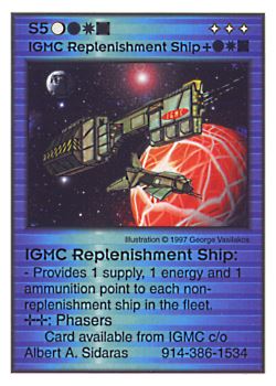 Need: 0    Want: 0    Have: 1    Will Trade: 0    In Storage: 1              S5 ‑ IGMC Replenishment Ship  Set: Pro6  Rarity: Pro6    Artist: George Vasilakos    
