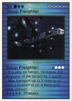 Need: 2    Want: 10    Have: 1    Will Trade: 0    In Storage: 0              S5 ‑ Troop Freighter  Set: Per  Rarity: V1    Artist: Armand Cabrera    