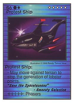 Need: 0    Want: 0    Have: 19    Will Trade: 13    In Storage: 6              S6 ‑ Protest Ship ("Save the spacetaceans"…)  Set: CC  Rarity: U    Artist: Randy 'Tarkas' Hoar    