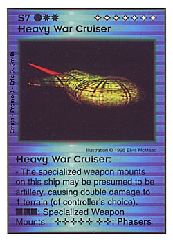 Need: 0    Want: 0    Have: -1    Will Trade: 0    In Storage: 0              S7 ‑ Heavy War Cruiser  Set: Pro8  Rarity: Pro8    Artist: Elvis McMaad    