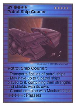 Need: 0    Want: 5    Have: 8    Will Trade: 0    In Storage: 0              S7 ‑ Patrol Ship Courier  Set: AT  Rarity: V1    Artist: Mark Maxwell    